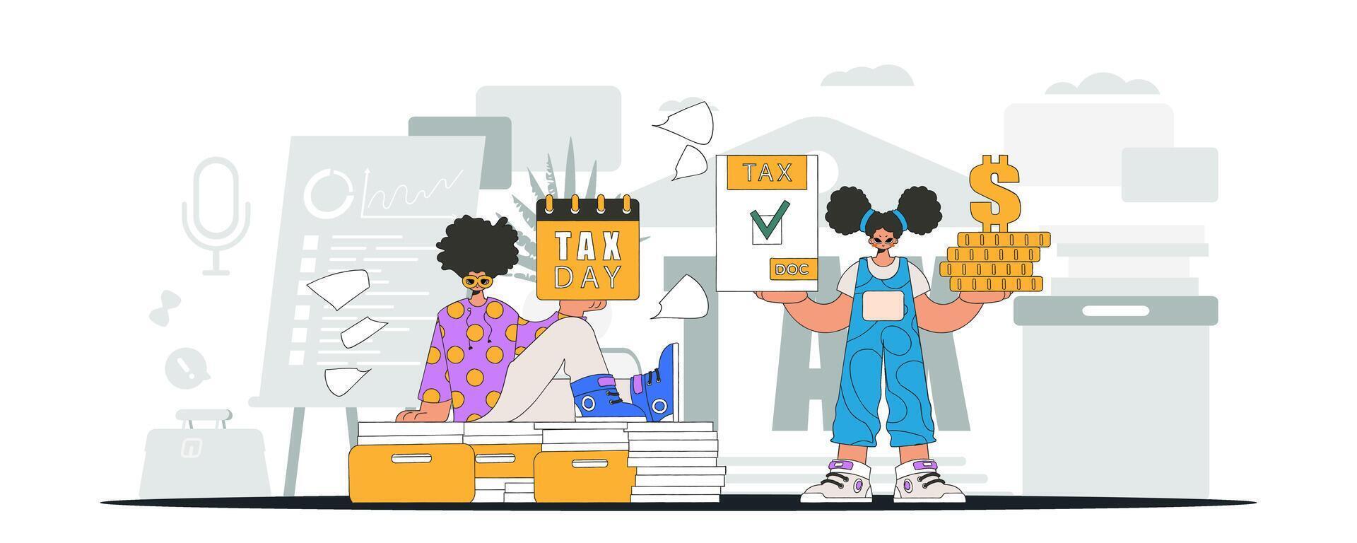 Elegant girl and guy demonstrate paying taxes. An illustration demonstrating the importance of paying taxes for economic development. vector