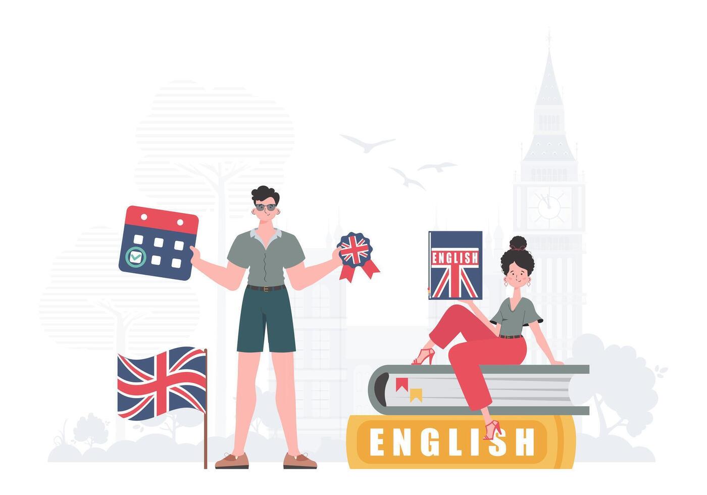 The concept of learning English. Man and woman English teacher. Trendy cartoon style. Illustration in vector. vector