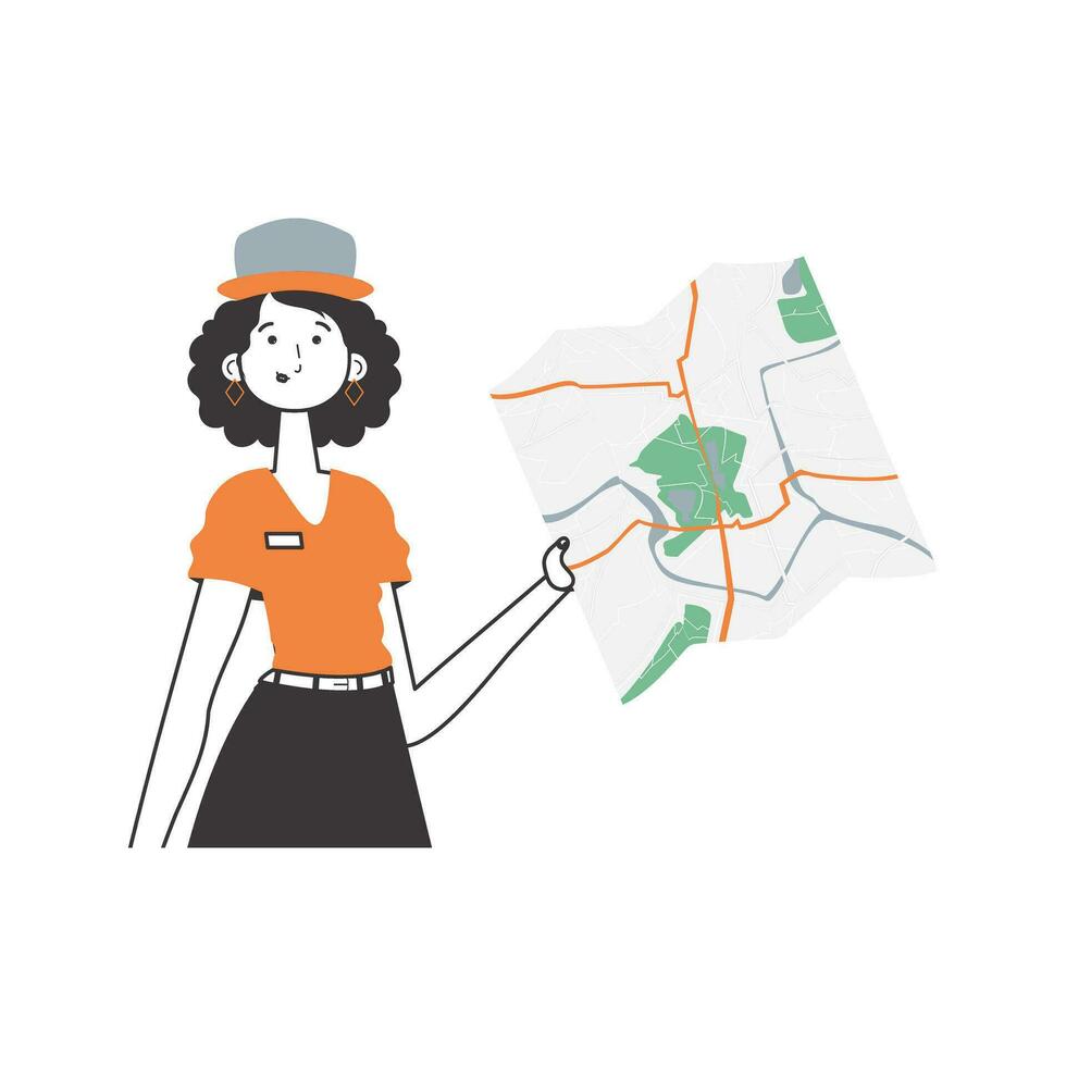 The woman is holding a map. Delivery concept. Linear style. Isolated, vector illustration.