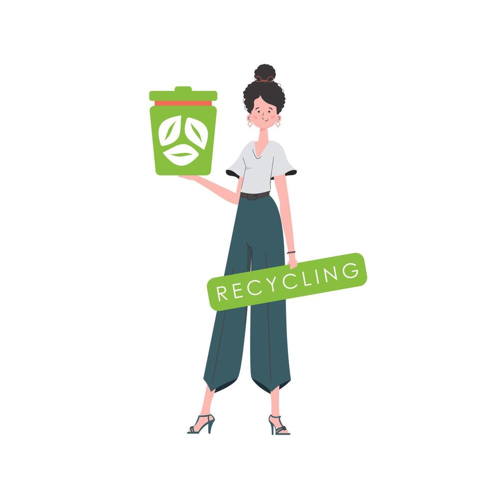The girl is depicted in full growth and holds an urn in her hands. The concept of recycling and zero waste. Isolated. Trendy character style. Vetcor. vector