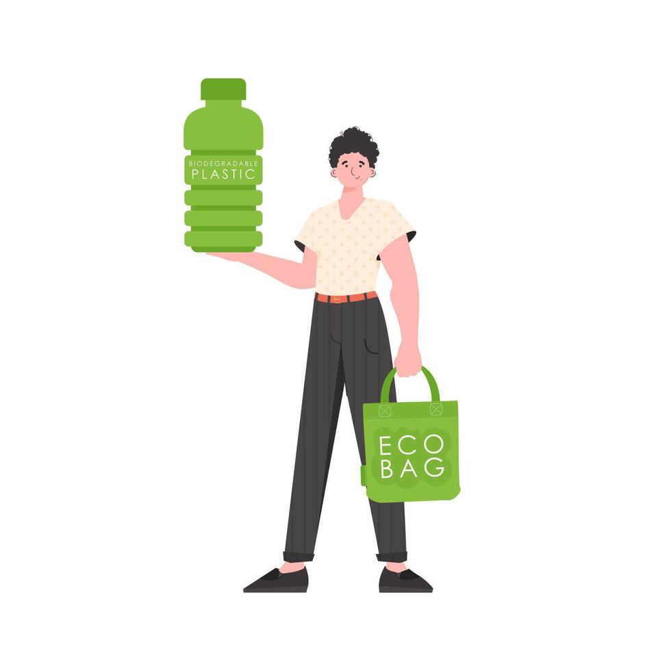 A man holds a bottle made of biodegradable plastic in his hands. The concept of ecology and care for the environment. Isolated. Fashion trend illustration in . vector