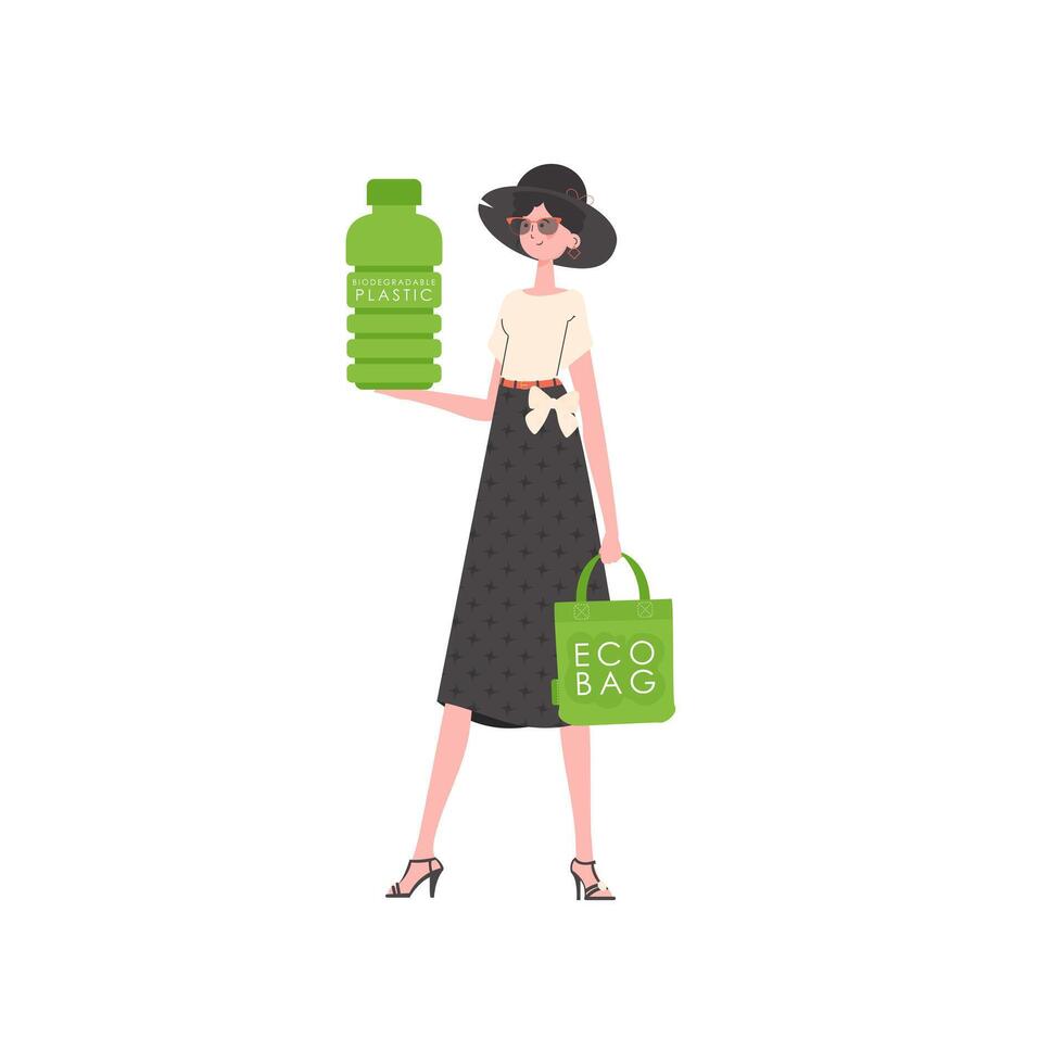 A woman holds a bottle made of biodegradable plastic in her hands. The concept of ecology and care for the environment. Isolated. Trend style.Vector illustration. vector