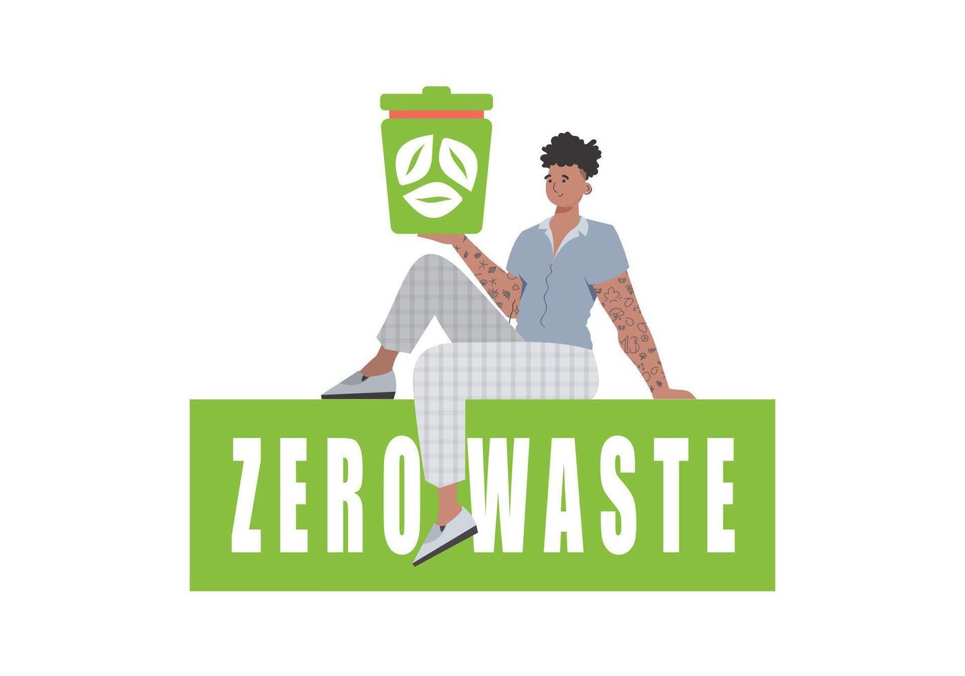 A man sits and holds a trash can in his hand. The concept of ecology and recycling. Isolated on white background. vector