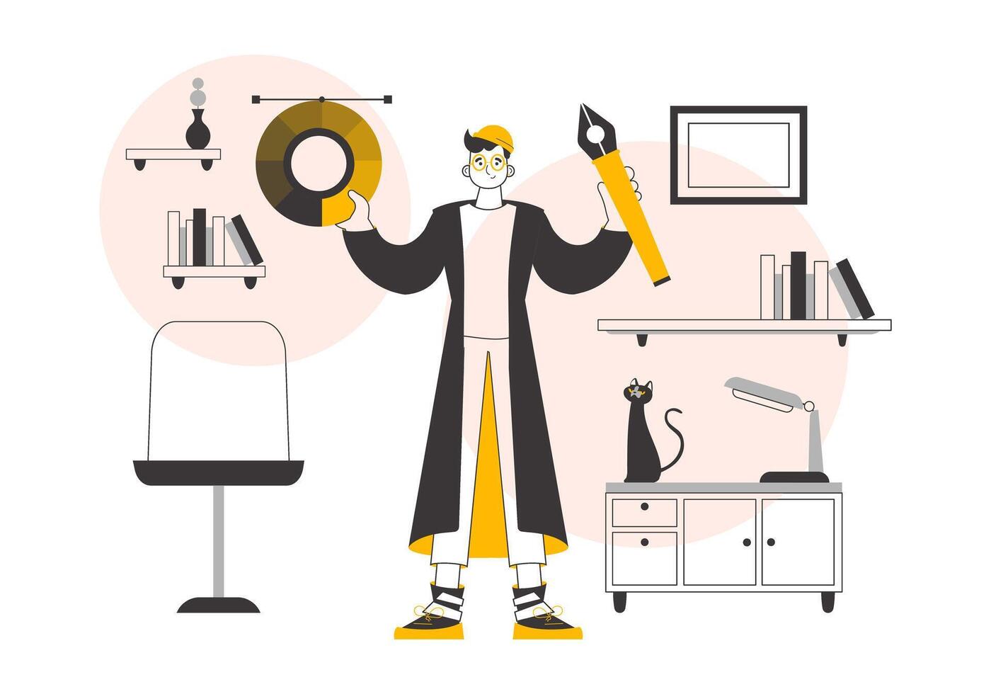 The designer guy holds a color wheel in his hands. Linear trendy style. . vector