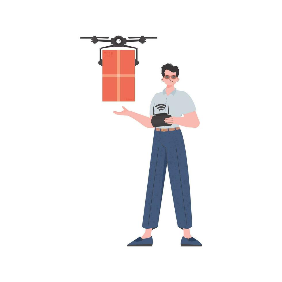 el concepto de carga entrega por aire. un hombre control S un zumbido con un paquete. aislado. de moda estilo. vector. vector