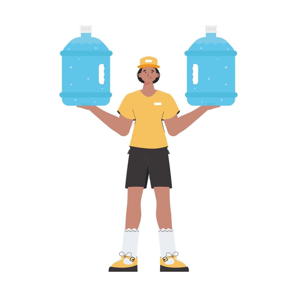 A man is holding a bottle of water. Delivery concept. Cartoon style character depicted in full growth. Isolated. Vector. vector