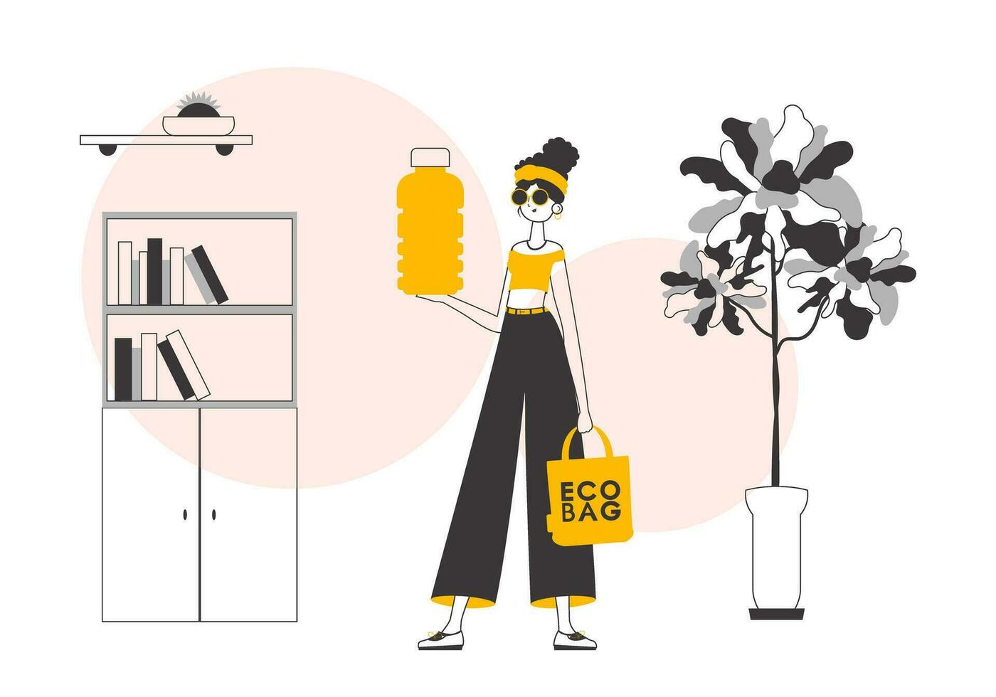 The girl holds in her hands an eco bag and a bottle made of biodegradable plastic. The concept of reasonable consumption. Linear trendy style. vector