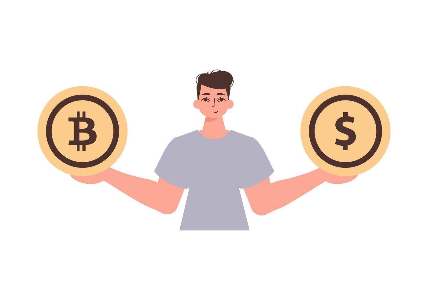 The guy holds a bitcoin and a dollar in his hands. Character in modern trendy style. vector