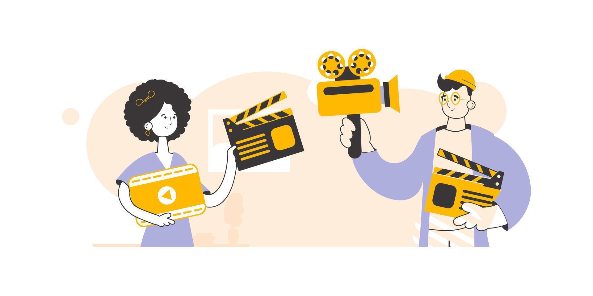 Guy and girl video bloggers. Linear style. Vector illustration.