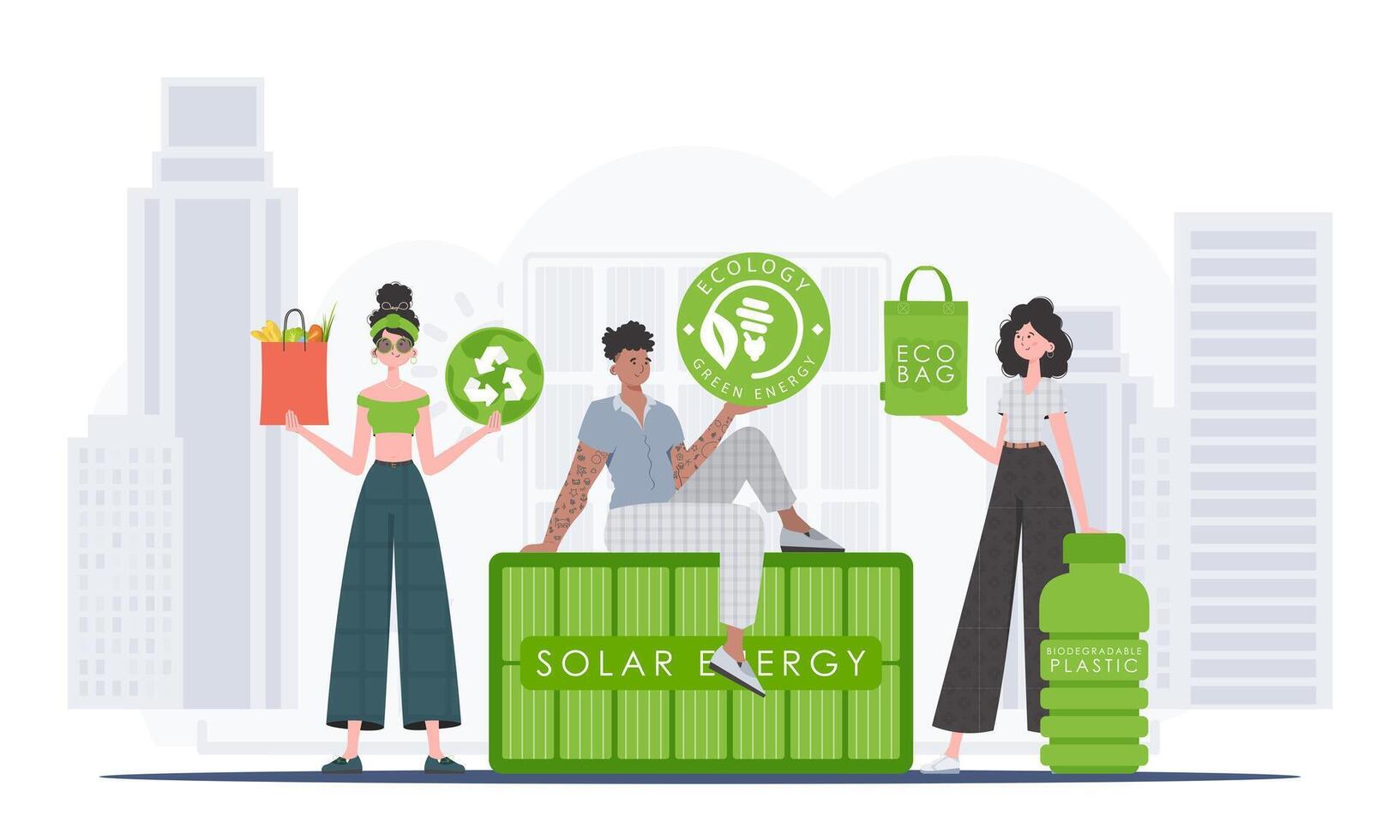Concept of green world and ecology. EKO is a team of people who care about the environment. Flat style. illustration. vector