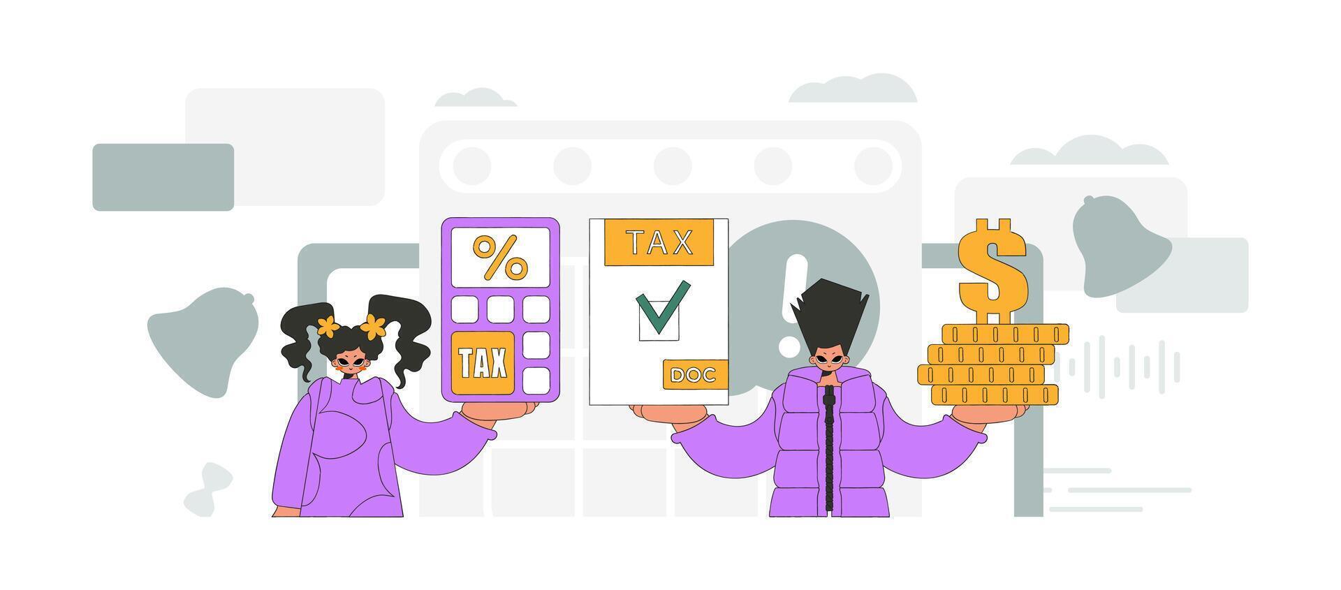 Fashionable guy and girl are engaged in paying taxes. An illustration demonstrating the importance of paying taxes for economic development. vector