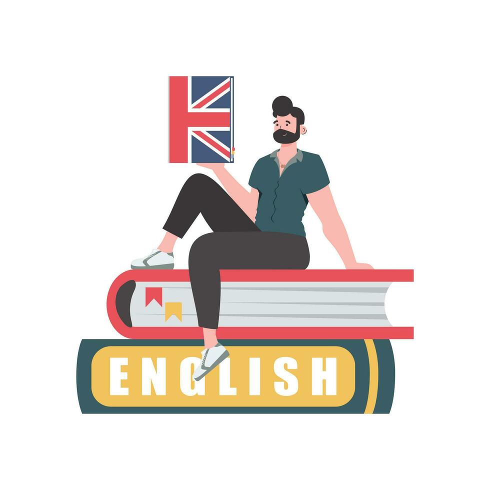 un hombre se sienta en libros y sostiene un Inglés diccionario en su manos. el concepto de enseñando inglés. aislado. de moda estilo. vector. vector