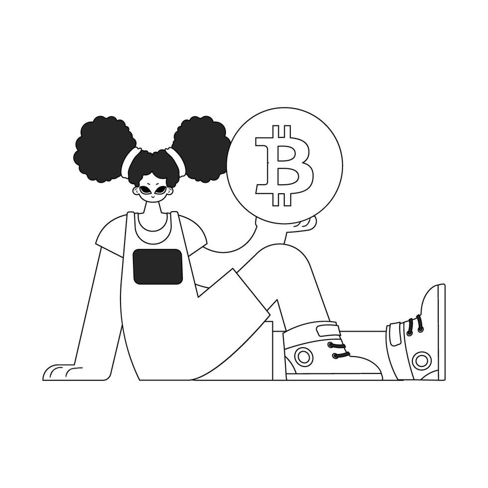 A unique woman is holding a bitcoin coin. Linear newspaper black and white style. vector