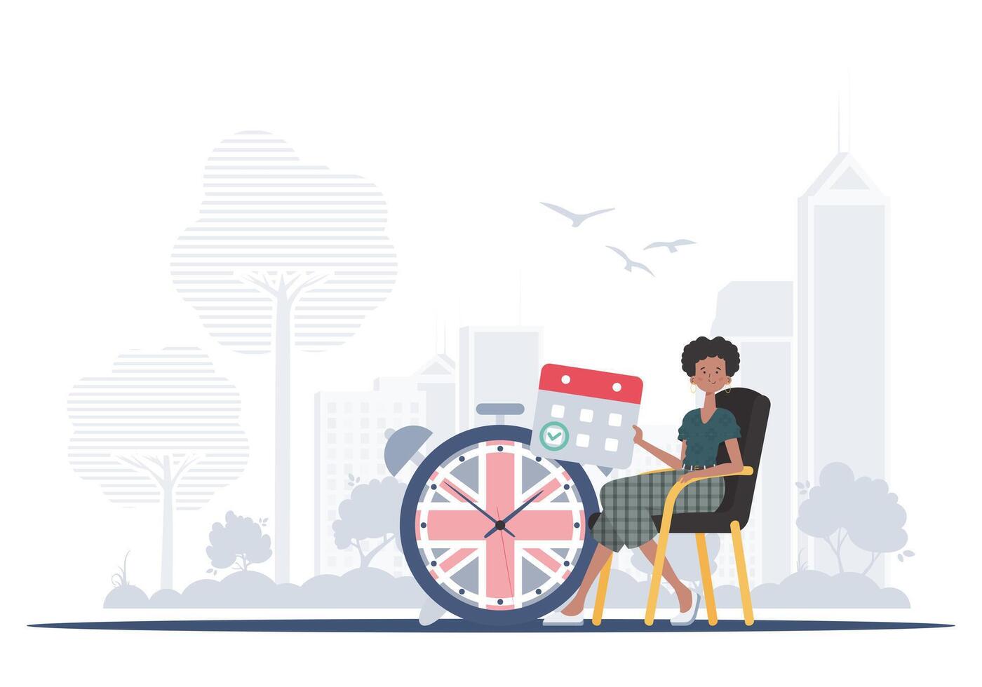The concept of teaching English. Woman holding a calendar with a marked date and a clock. trendy style. illustration. vector