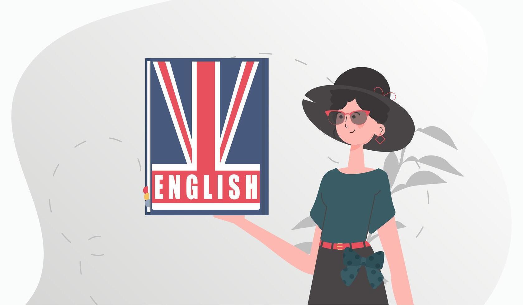 The concept of learning English. A woman holds an English dictionary in her hands. Trendy cartoon style. . vector