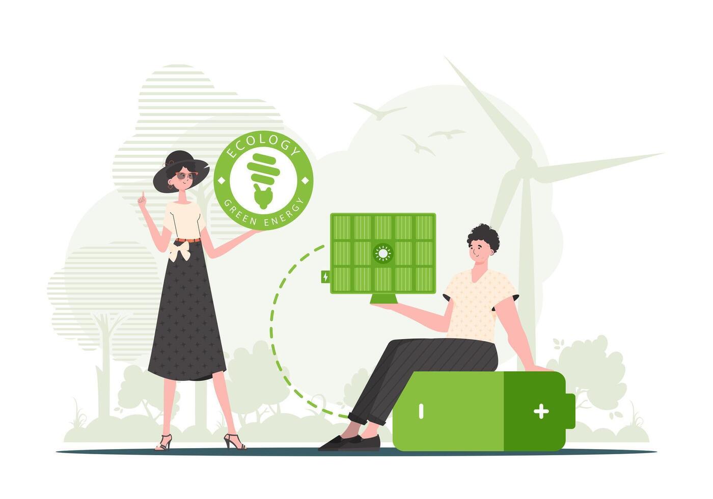 A girl and a guy and a solar panel. The concept of solar energy. Vector illustration.