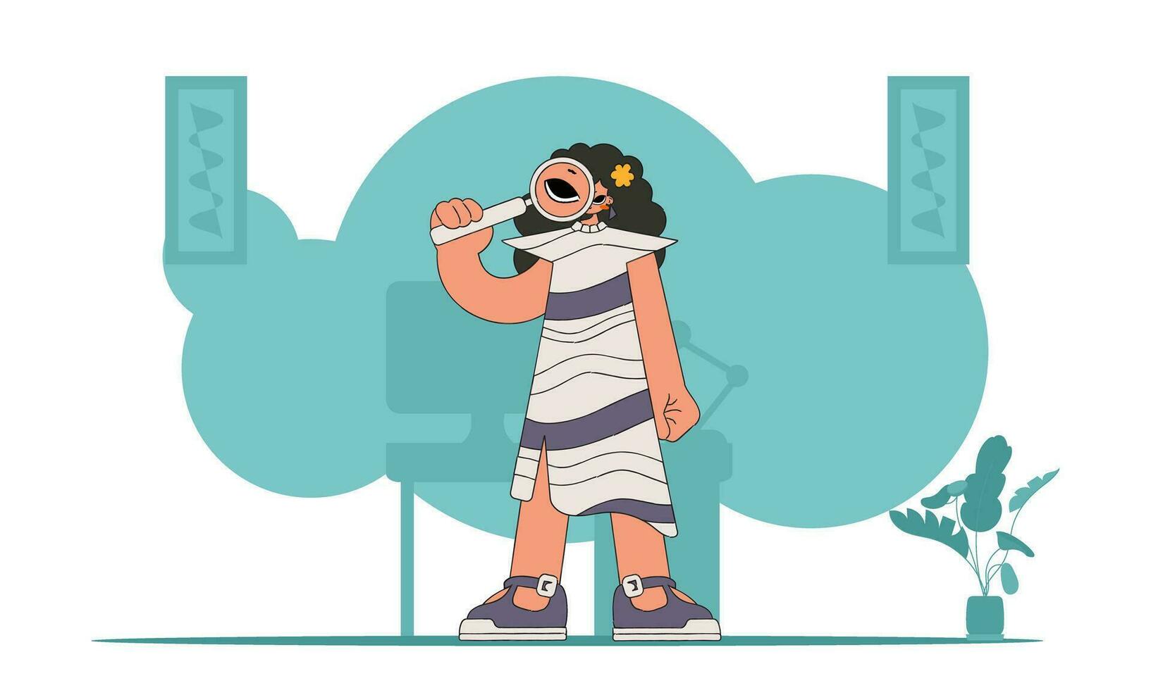 The concept of searching for information. The guy is holding a magnifying glass. Linear retro style character. vector