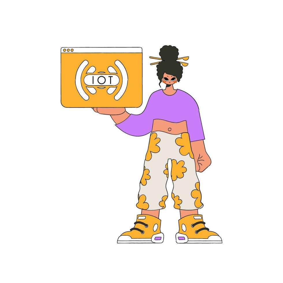 The girl clutches the Internet of Things logo in her grasp. vector