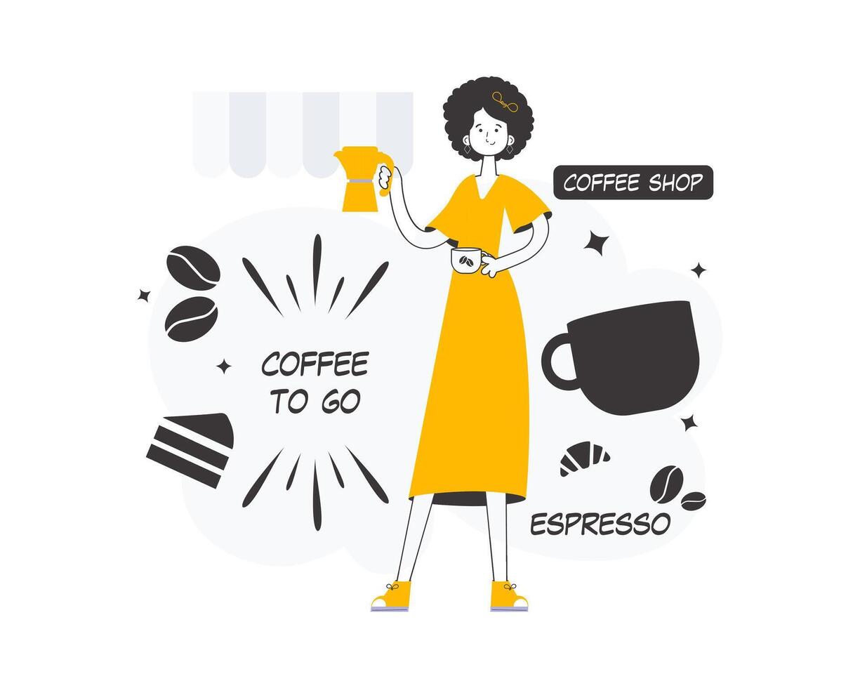 Barista girl. Line art style. Vector illustration.