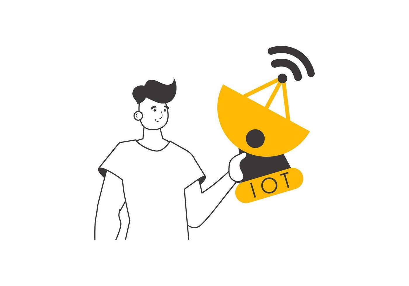 A man holds the IOT logo in his hands. Linear modern style. Isolated. illustration. vector