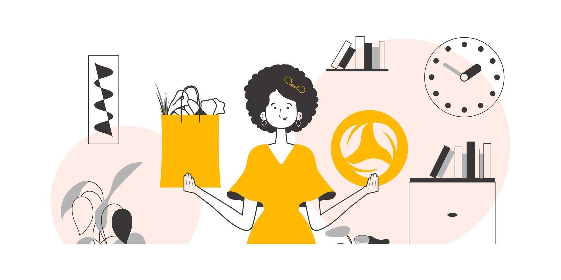 The concept of reasonable consumption. Woman, package with products and eco logo. Lineart trendy style. vector