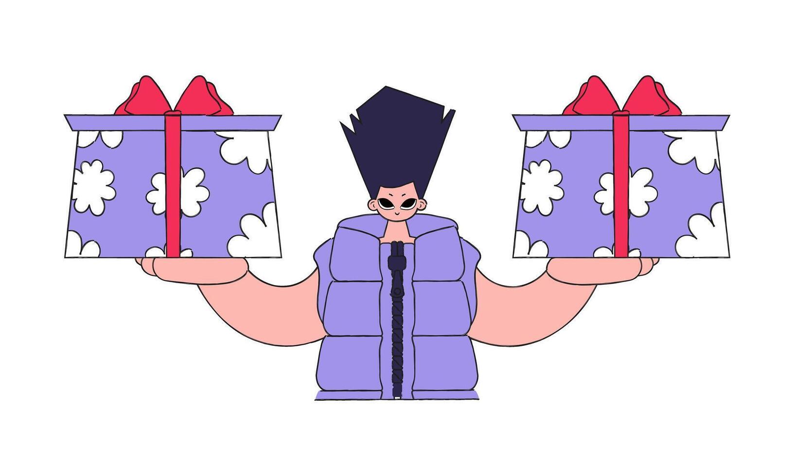 The guy is holding gifts. Holiday surprise concept. Character in the style of the 80s and 90s. vector