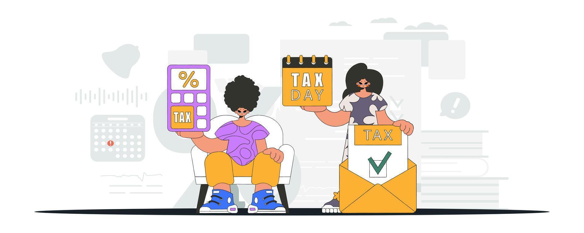 Elegant girl and guy demonstrate paying taxes. Graphic illustration on the theme of tax payments. vector