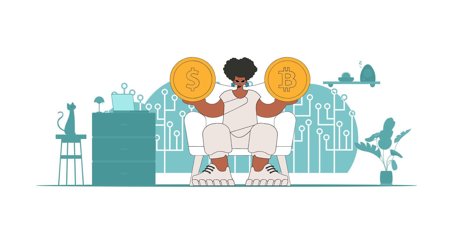 The girl holds a dollar and bitcoin in her hands. Cryptocurrency and fiat exchange concept. vector