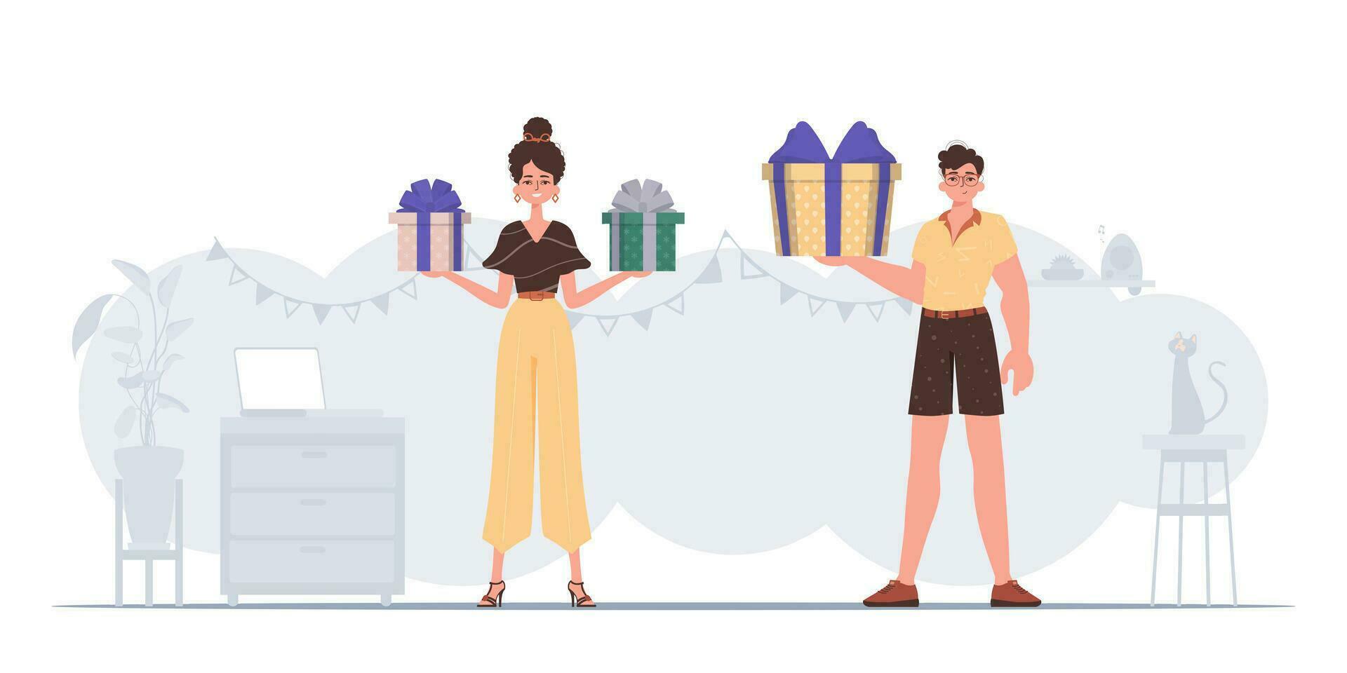 hombre y mujer son participación festivo regalo cajas Navidad regalo concepto. vector