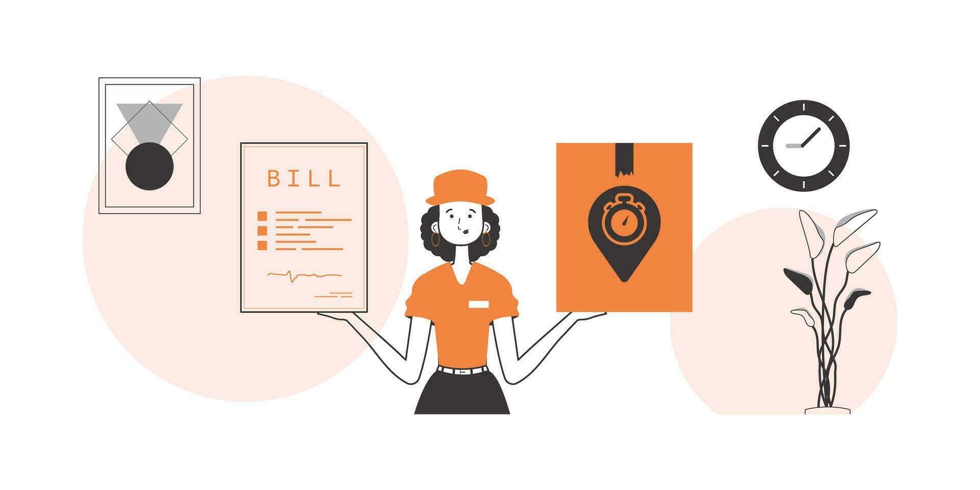 The girl holds a parcel and a check in her hands. Parcel delivery concept. Linear trendy style. vector