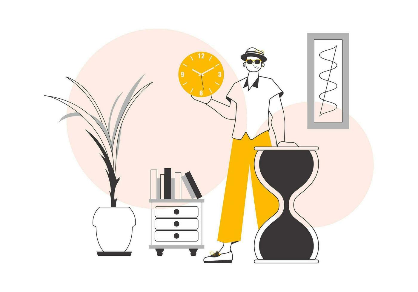 The man is holding a watch. Time management concept. Lineart. Vector illustration.