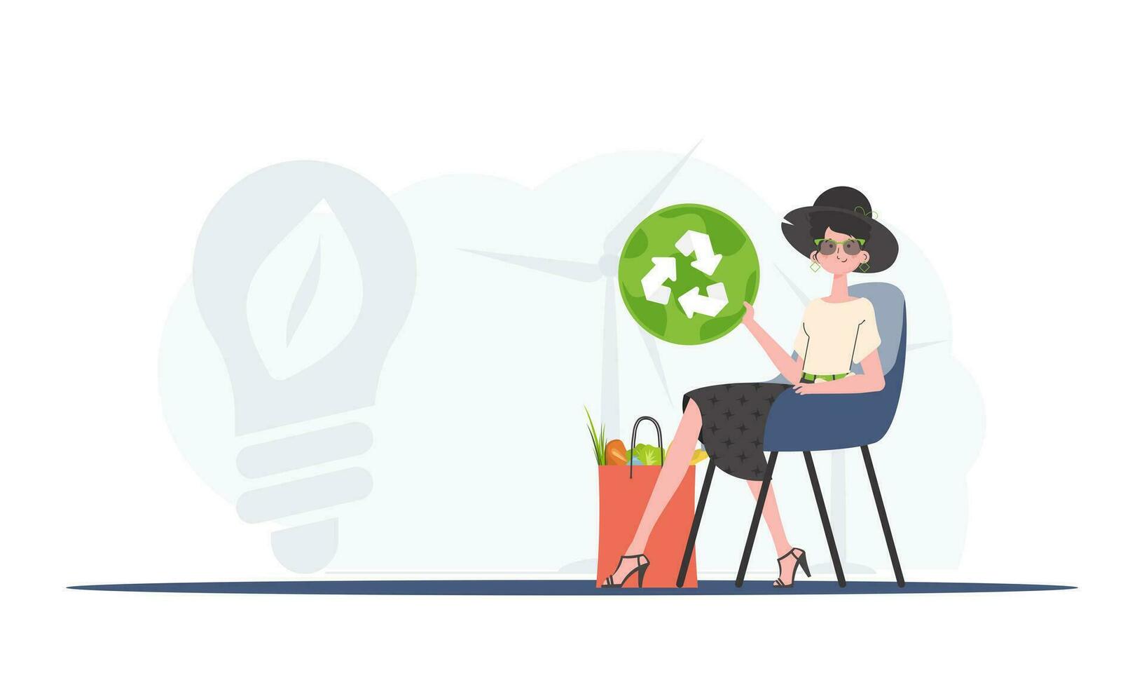 A woman sits next to a package with healthy food and holds an EKO icon. Healthy food, ecology, recycling and zero waste concept. Trend vector illustration.