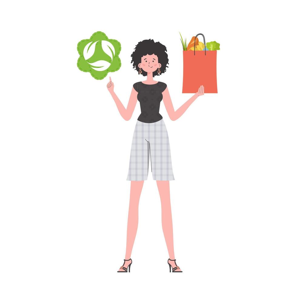 The girl is depicted in full growth and holds a bag of healthy food in her hands and shows the EKO icon. Isolated. Trend illustration. vector