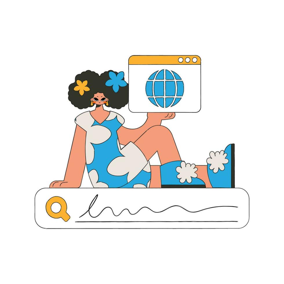 A woman sits on the search bar and holds a browser window in her hands. Search for information. Retro style character. vector
