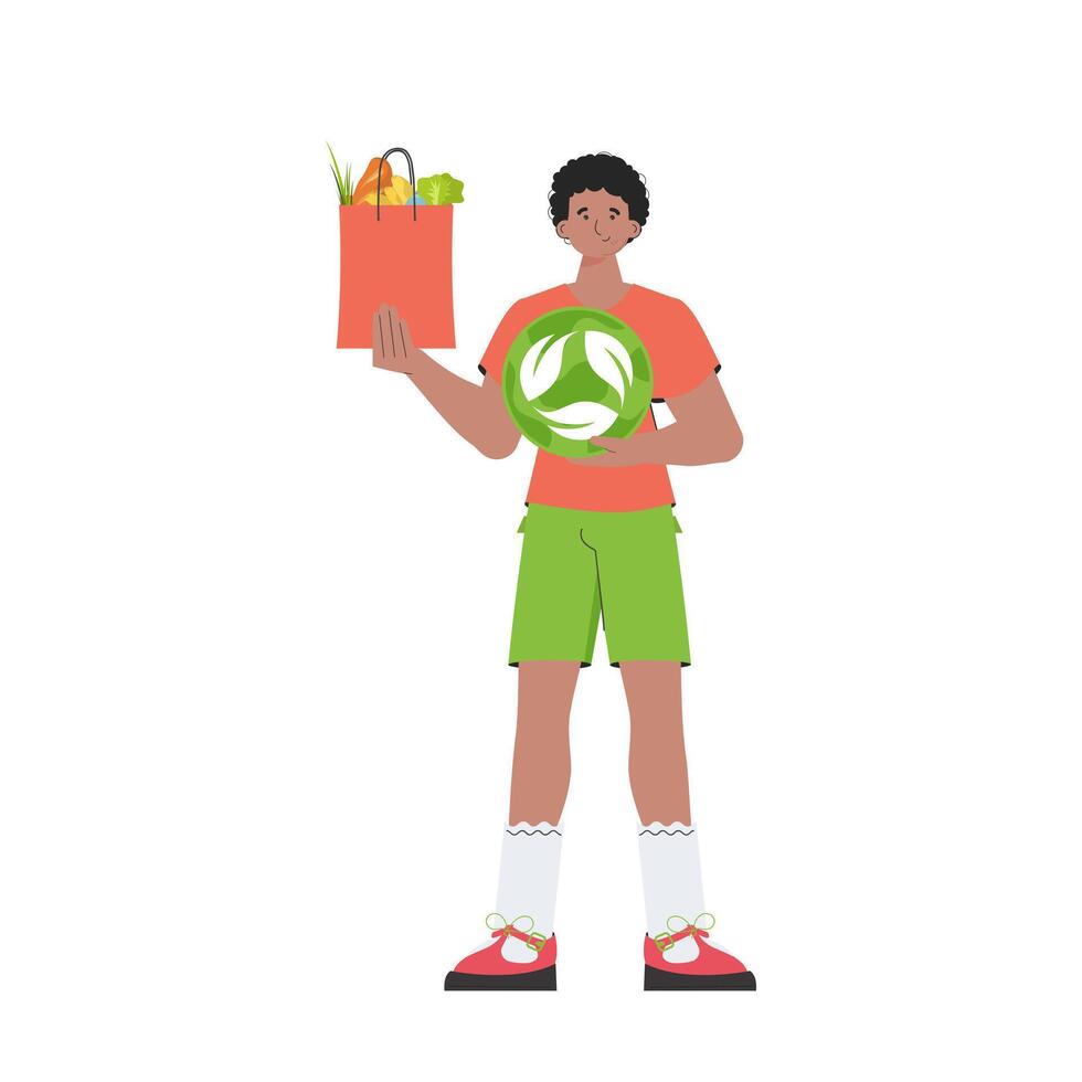 The guy is depicted in full growth and holds a package with healthy food in his hands and shows an icon. Isolated on white background. Trend style, vector illustration.