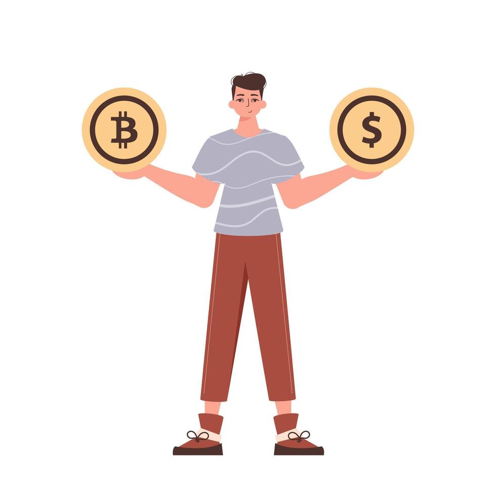 A man holds a coin of bitcoin and dollar in his hands. Character with a modern style. vector