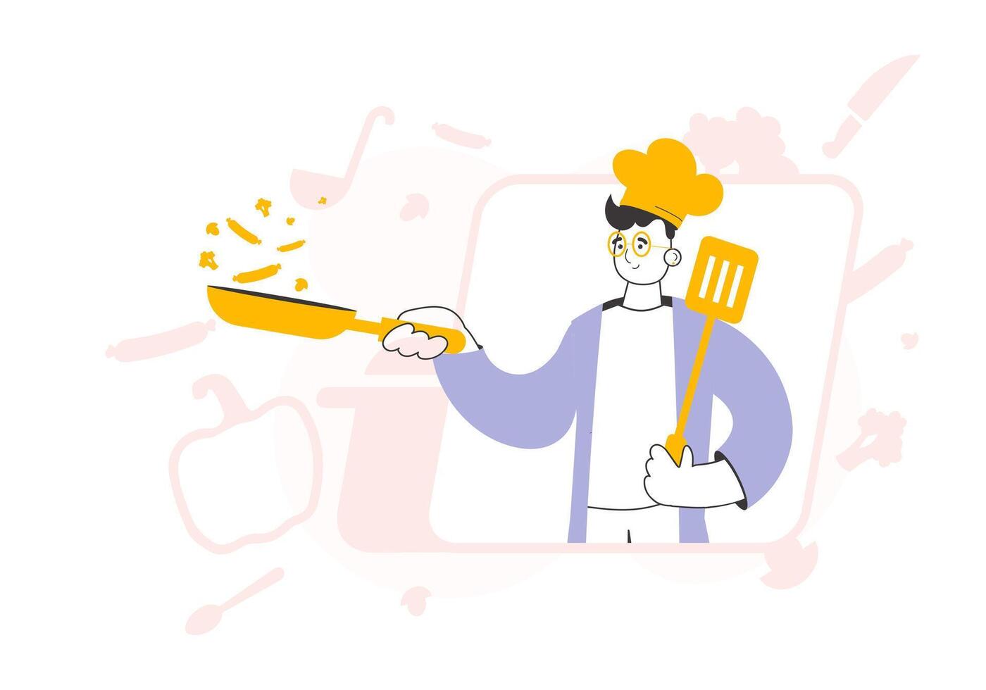 The guy cook is holding a frying pan. Trendy style line art. illustration. vector