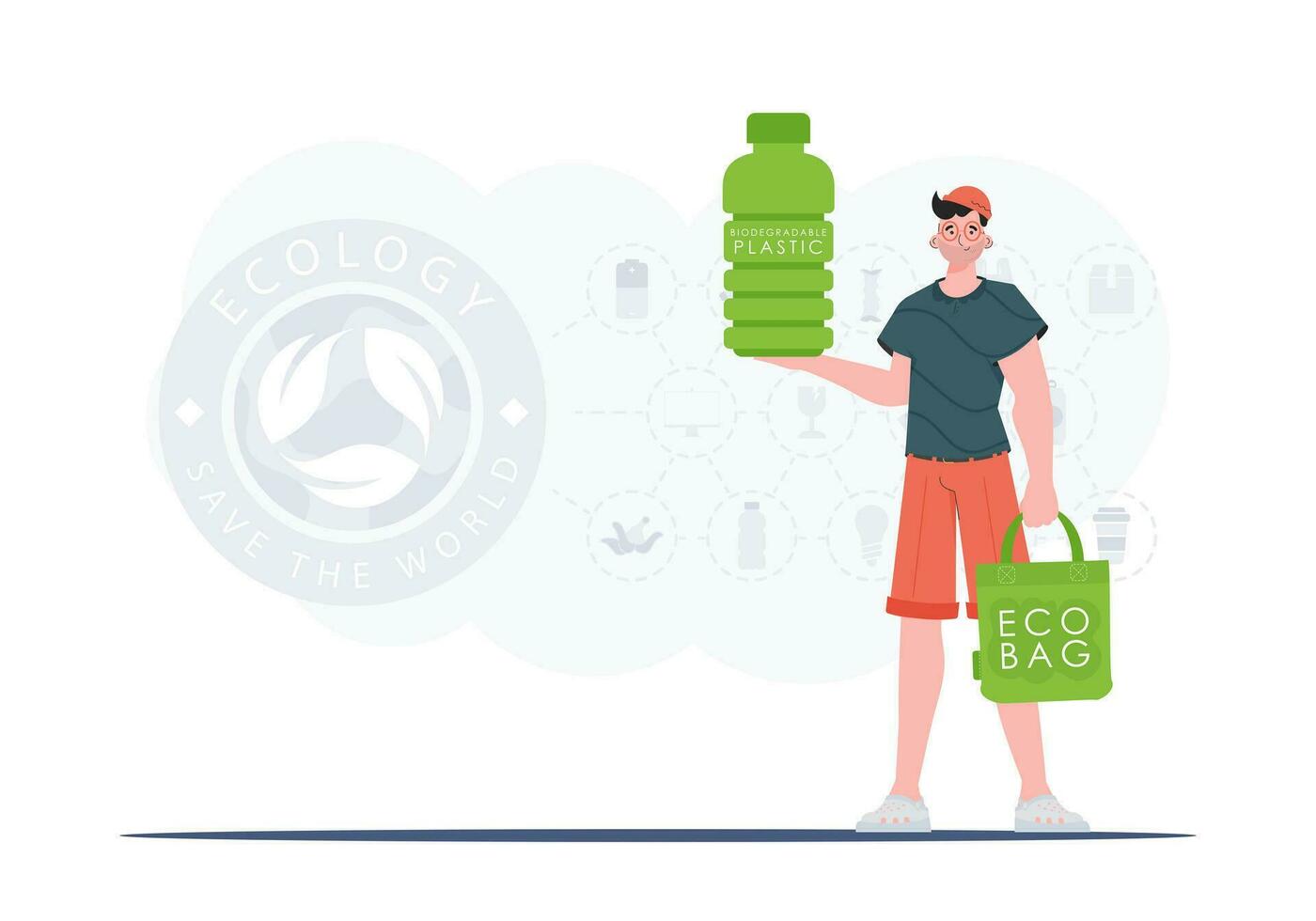 Concept of green world and ecology. The guy holds a bottle of biodegradable plastic in his hands. Trend style.Vector illustration. vector