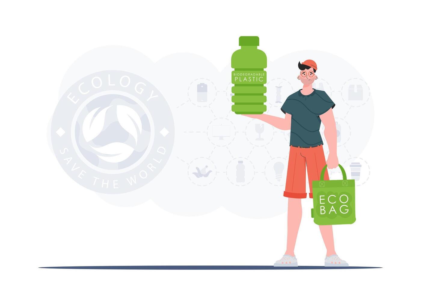 Concept of green world and ecology. The guy holds a bottle of biodegradable plastic in his hands. Trend style.Vector illustration. vector