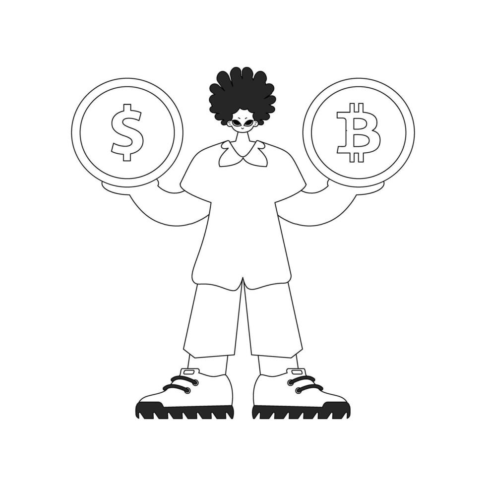 A stunning man is holding a bitcoin and dollar coin. Linear black and white style. vector