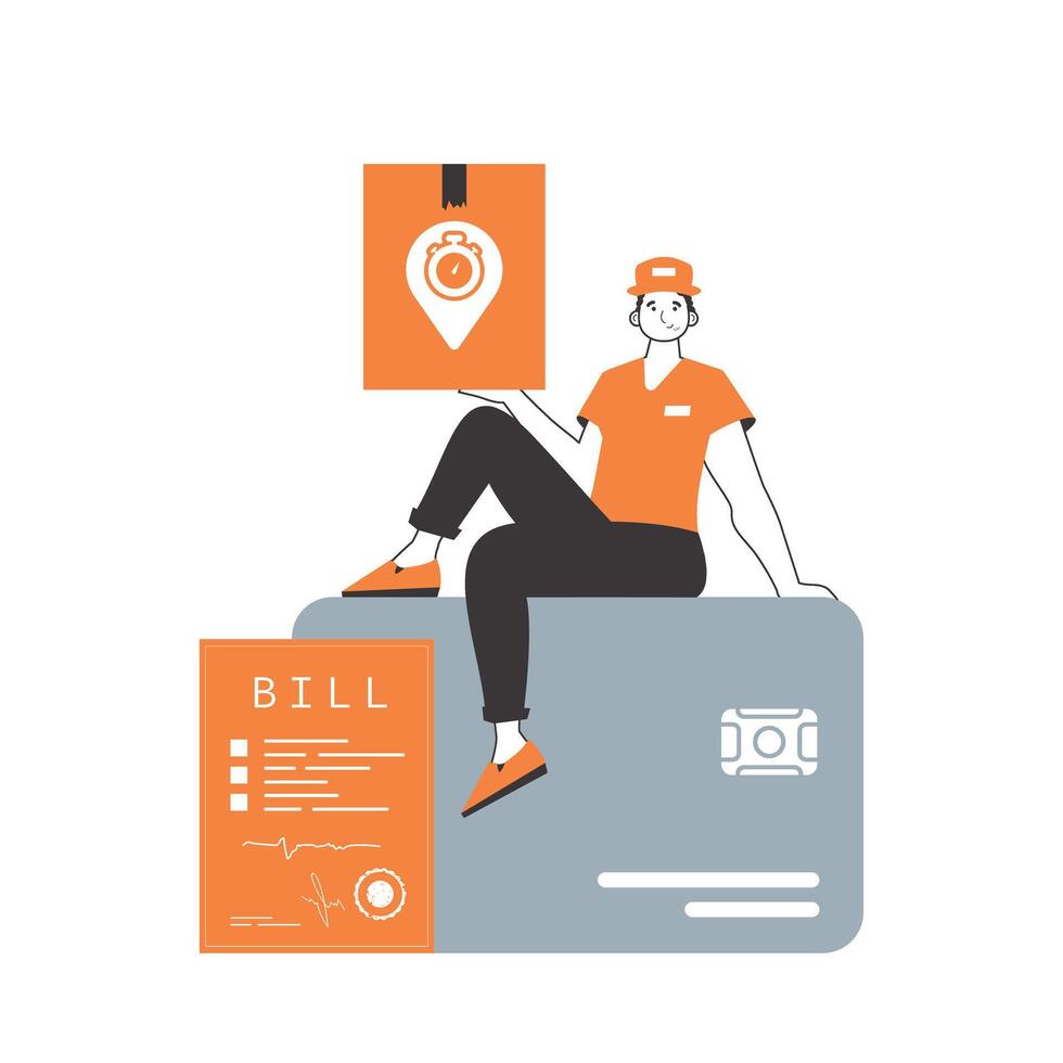 The guy is sitting on a bank card and holding a parcel. The concept of the delivery of goods and parcels. Linear modern style. Isolated on white background. illustration. vector