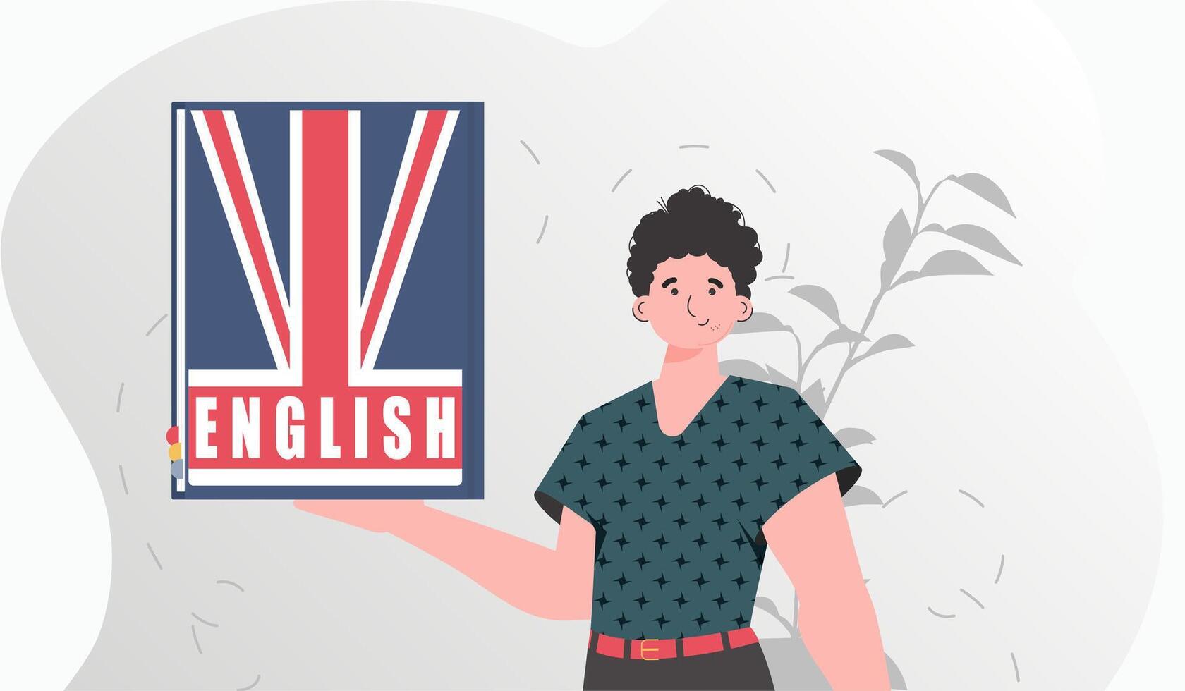 el concepto de enseñando inglés. un hombre sostiene un Inglés diccionario en su manos. de moda estilo. vector. vector