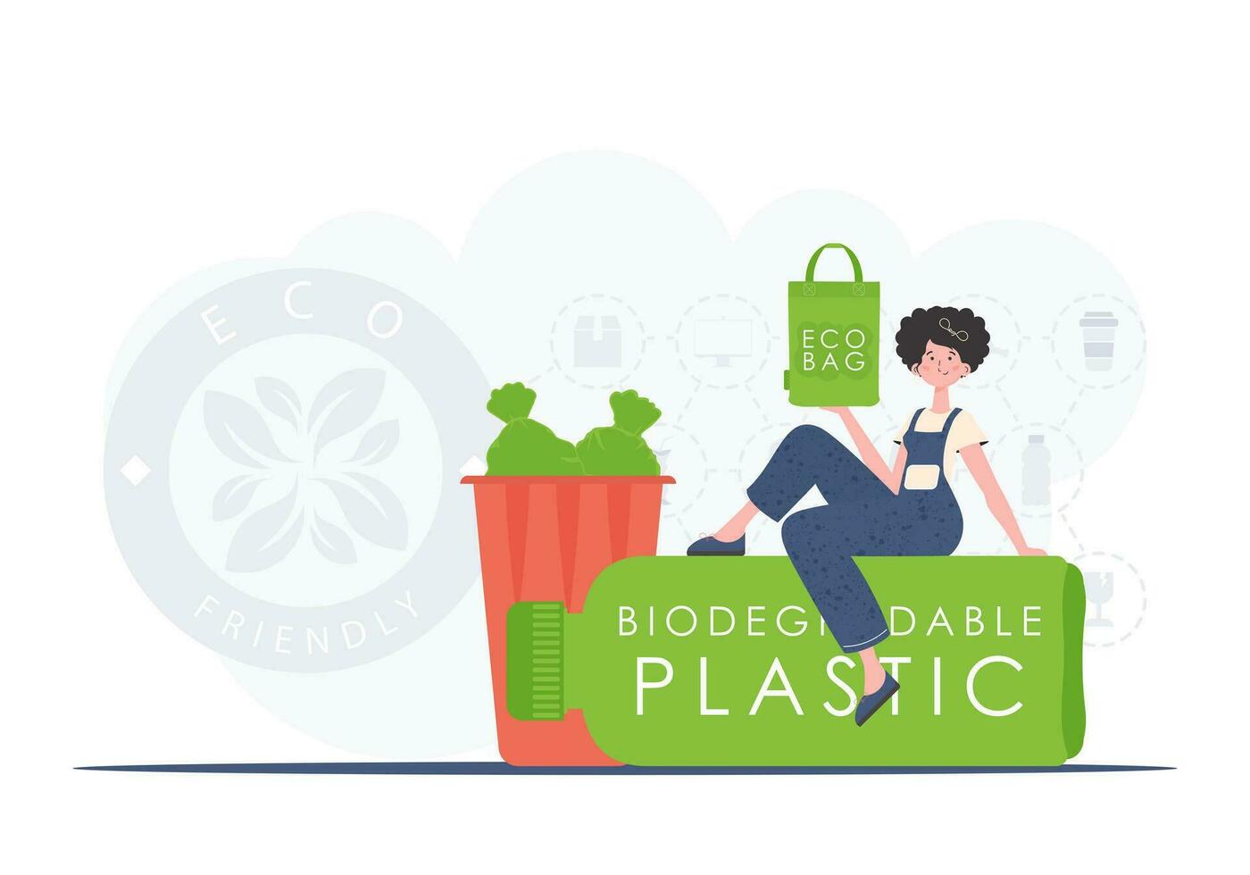 The concept of ecology and care for the environment. The girl sits on a bottle with biodegradable plastic and holds an ECO BAG in her hands. Fashion trend vector illustration.