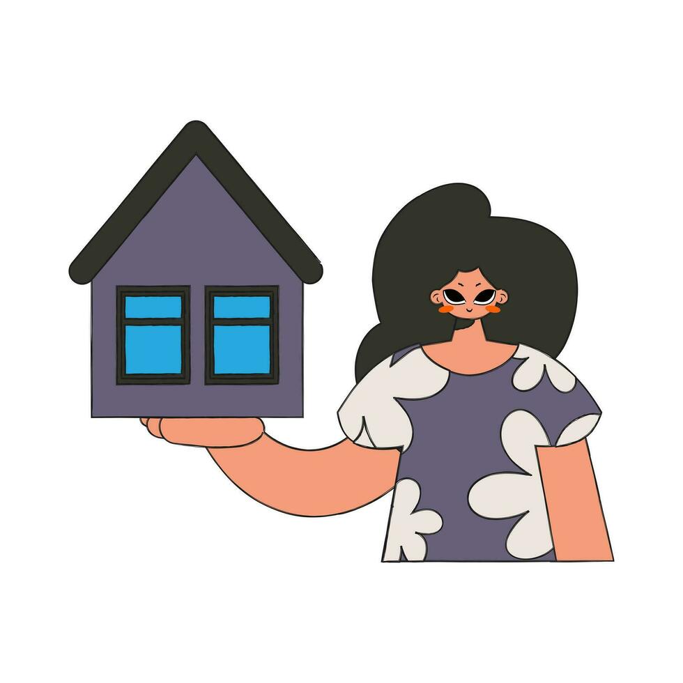 Realtor girl holding a house. House ownership. vector