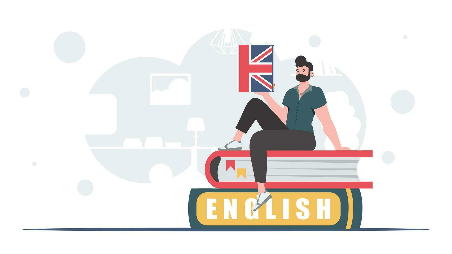 el concepto de enseñando inglés. un hombre se sienta en libros y sostiene un Inglés diccionario en su manos. de moda estilo. vector ilustración.