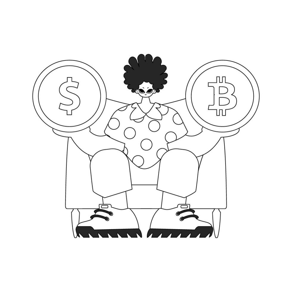 An attractive man holds a bitcoin and dollar coin in his hands. Linear black and white style. vector