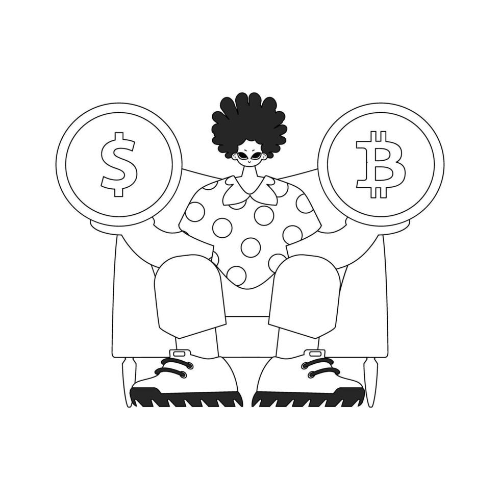 An attractive man holds a bitcoin and dollar coin in his hands. Linear black and white style. vector