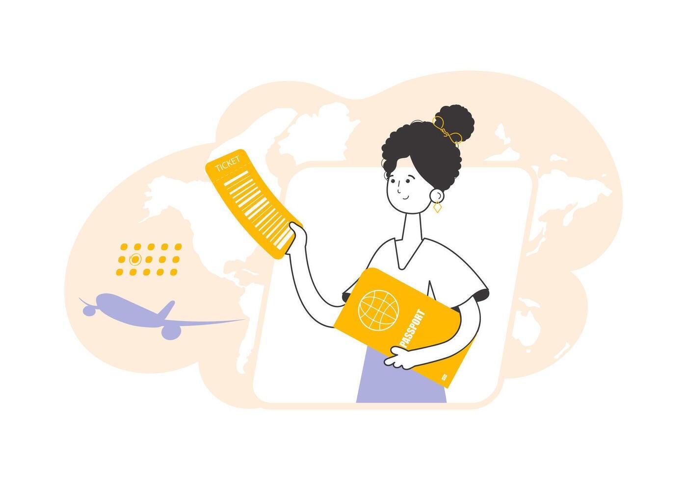 A woman is holding a ticket and a passport. Travel theme. Linear trendy style. vector