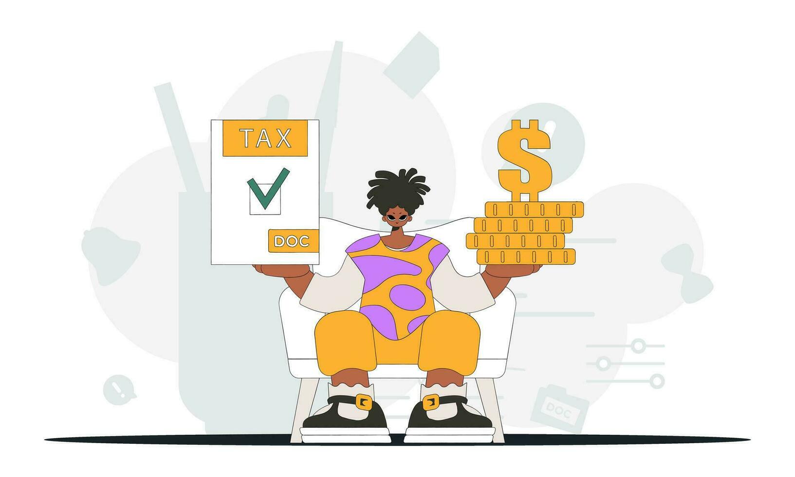 A trendy man is holding a tax form and coins in his hands. Graphic illustration on the theme of tax payments. vector