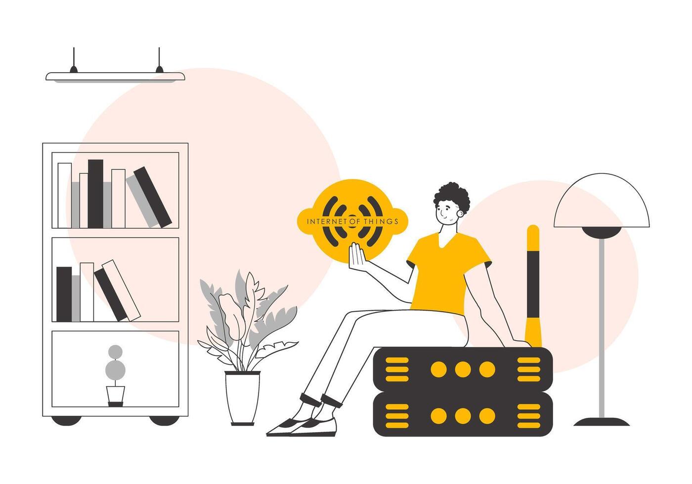 The guy holds the internet of things logo in his hands. Linear trendy style. . vector